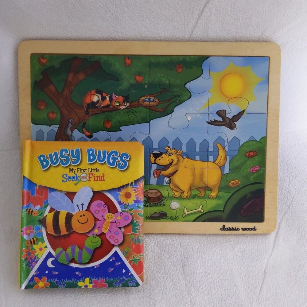 Garanimals 12 Piece Wooden Puzzle + Busy Bugs Seek and Find Book Ages 3+